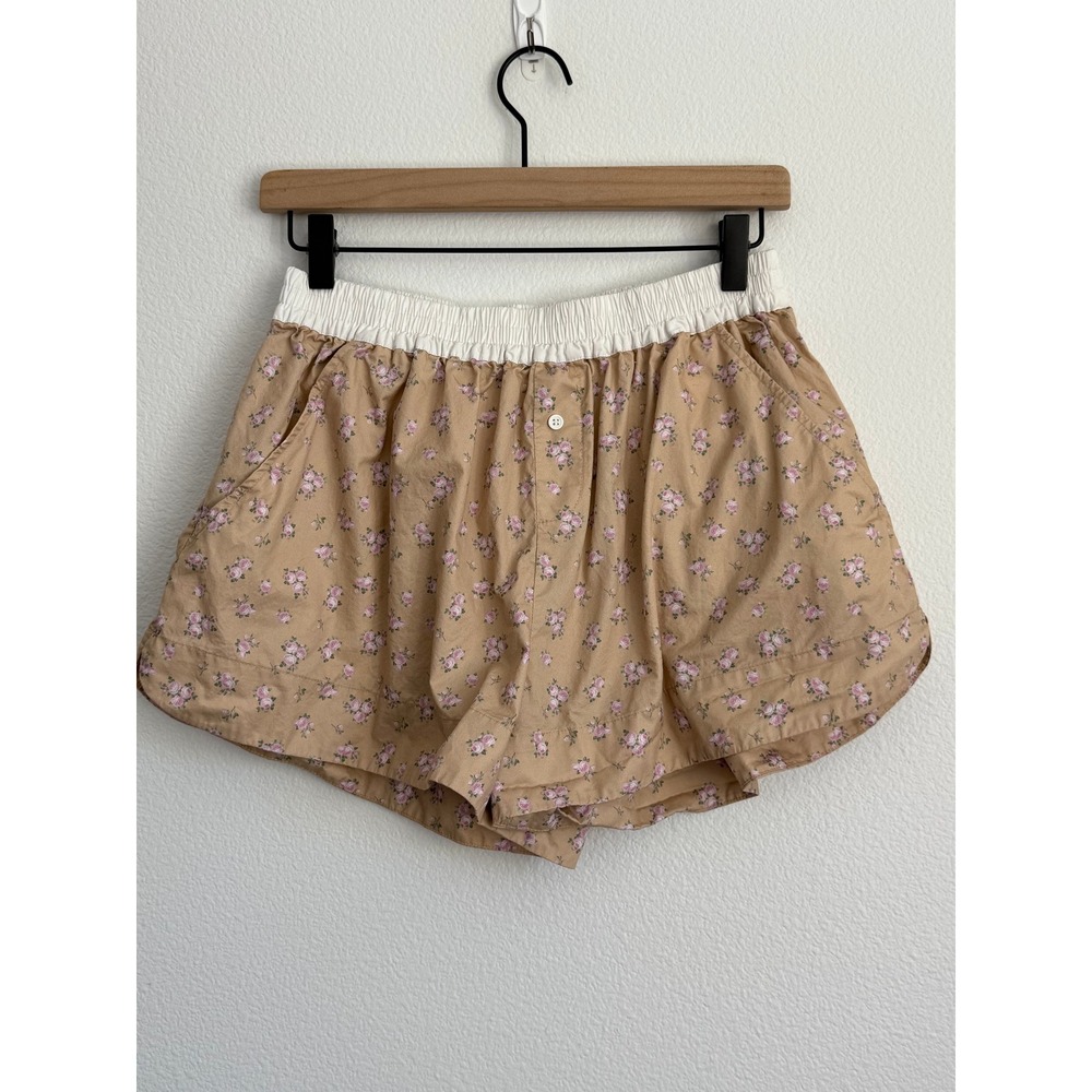 For Love & Lemons Floral Boxer Shorts S Tan Pink Cottagecore Rose Print Lounge